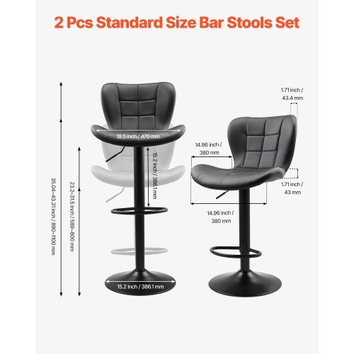 Set of 2 Adjustable Swivel PU Leather Bar Stools – Black
