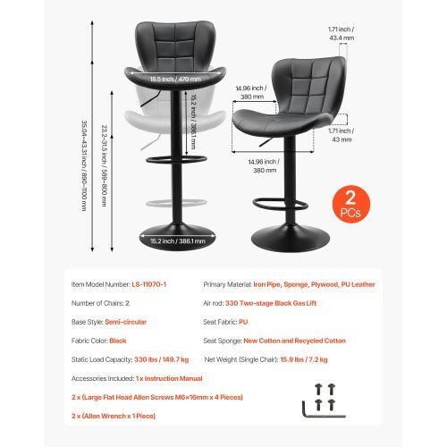 Set of 2 Adjustable Swivel PU Leather Bar Stools – Black