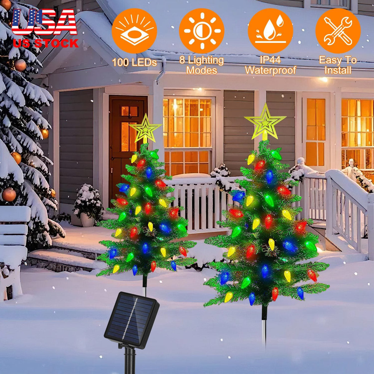 2Pack 37.4in Height Solar Christmas Tree With 100 Colorful LED Beads 8 Lighting Modes For Xmas Decoration IP44 Waterproof Outdoor Pathway Stake Light