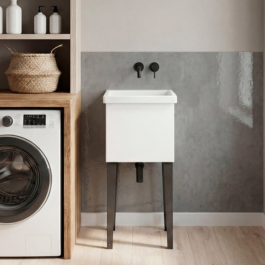 White Freestanding Laundry Utility Sink with Storage Cabinet