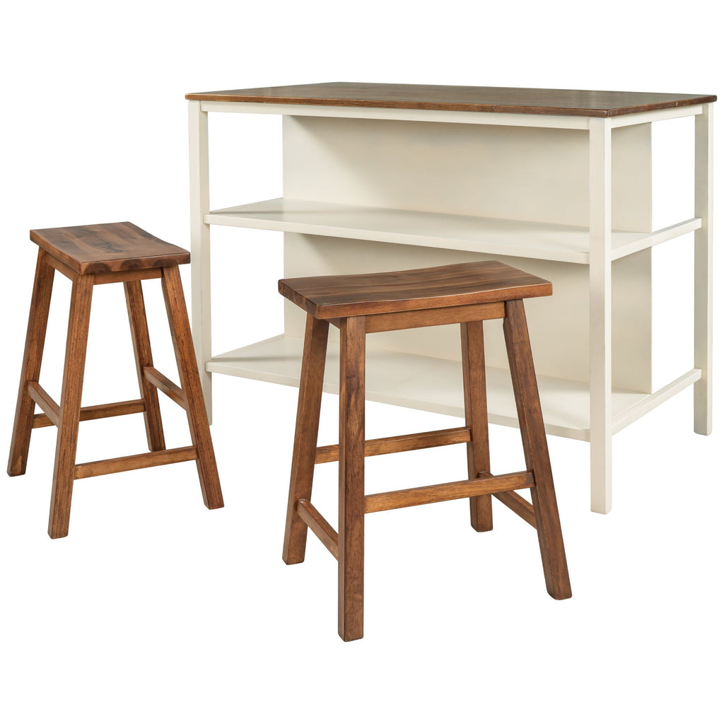 3-Piece Rustic Kitchen Island & Stool Set – Light Brown