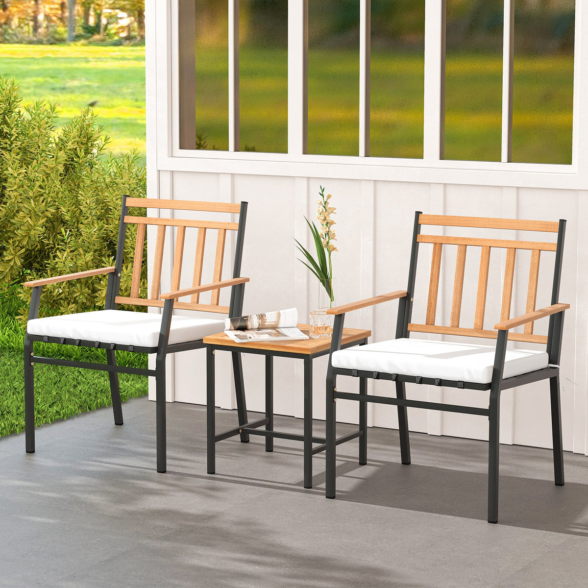 3-Piece Acacia Wood Patio Conversation Set – White