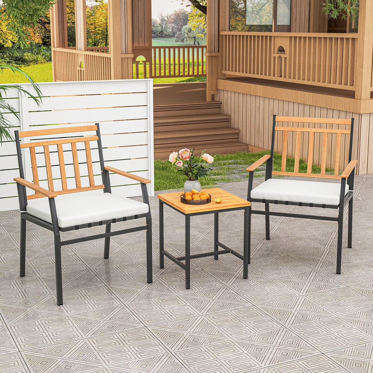 3-Piece Acacia Wood Patio Conversation Set – White
