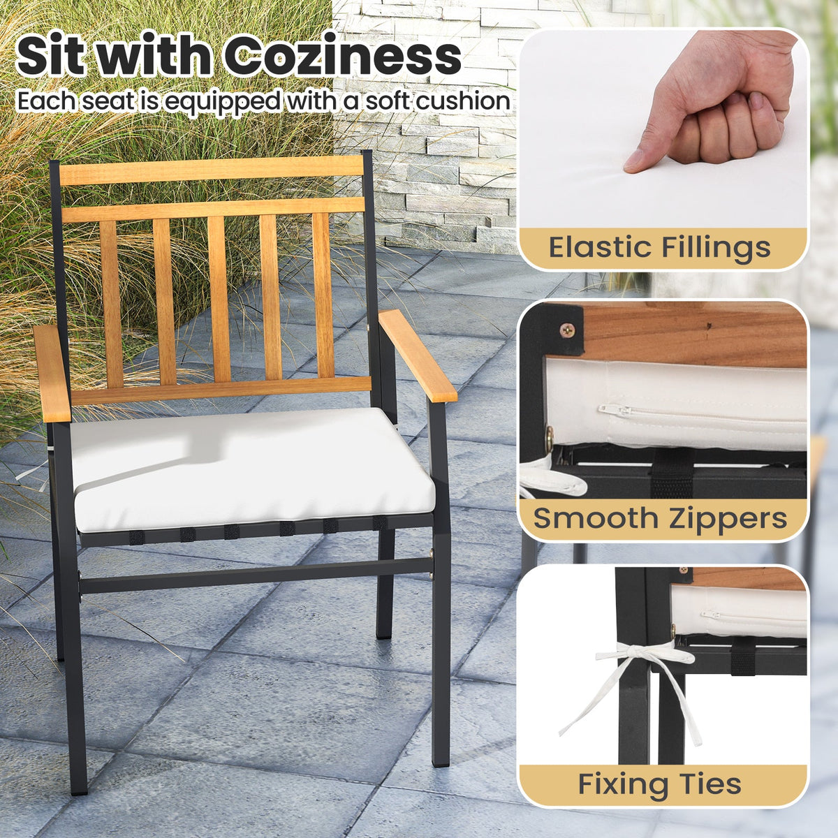 3-Piece Acacia Wood Patio Conversation Set – White