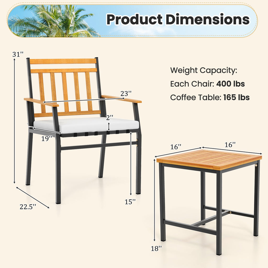 3-Piece Acacia Wood Patio Conversation Set – White