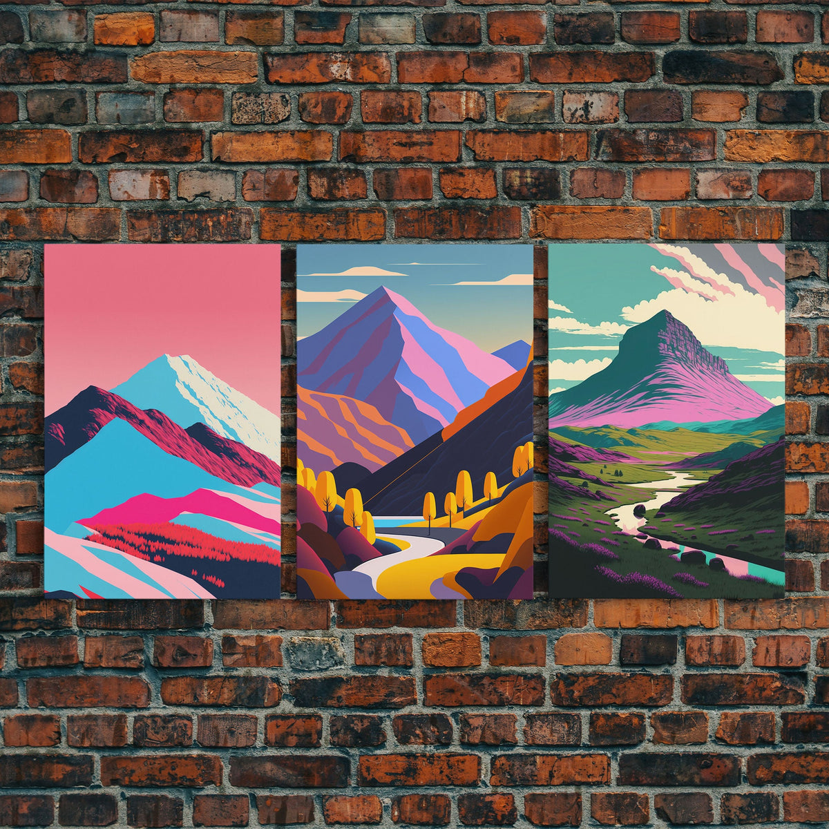 Mid-Century Mountain Landscape Canvas Wall Art – Set of 3