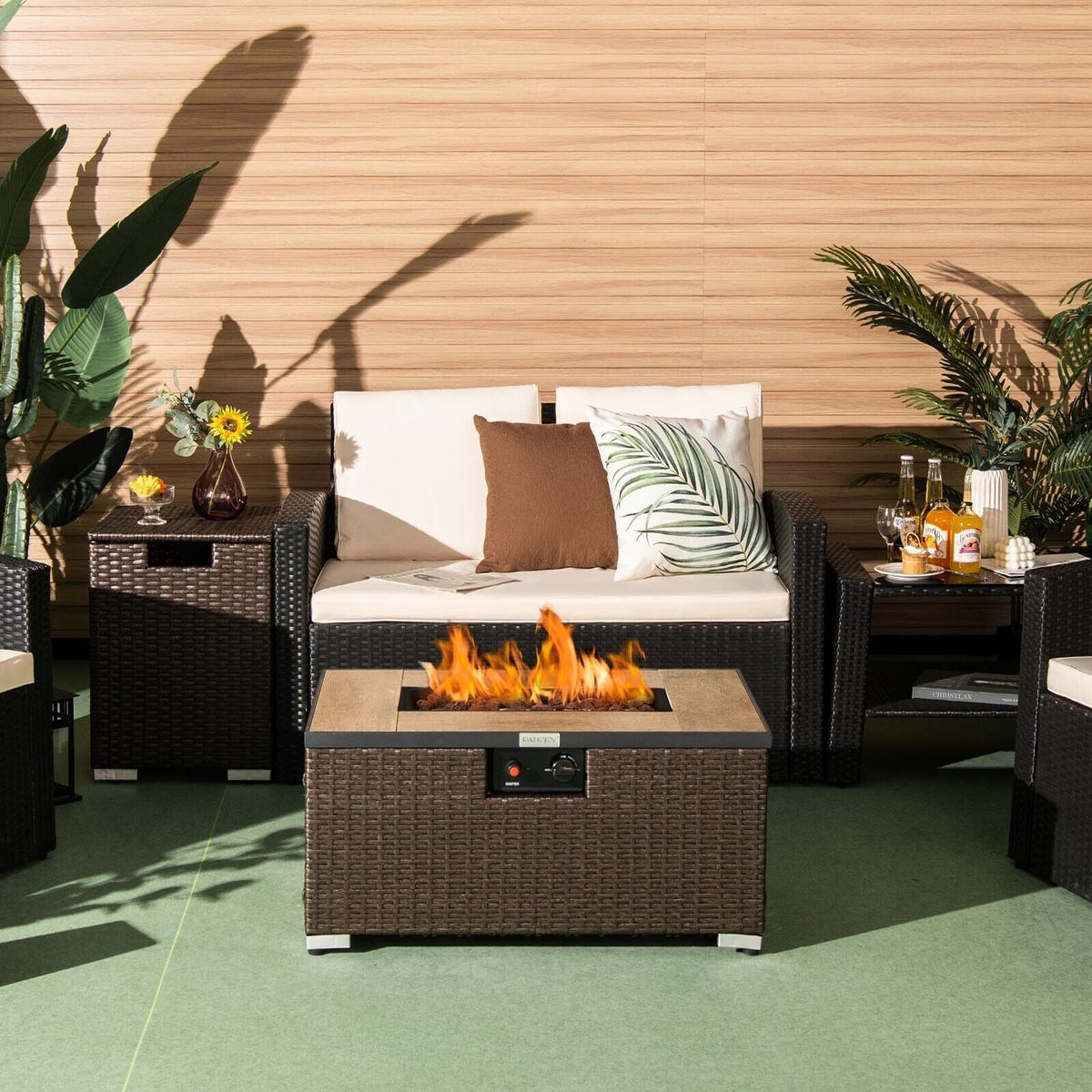 Propane Rattan Fire Pit Table Set with Side Table