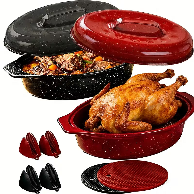 Oval Enamel Roasting Pan with Lid