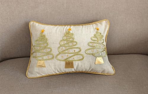 Fennco Styles Trio Holiday Trees Filled Throw Pillow 12" W x 18" L - Gold Festive Linen Blend Accent Pillow for Winter Holiday, Christmas, Couch, Living Room, Bedroom Décor and Special Occasion