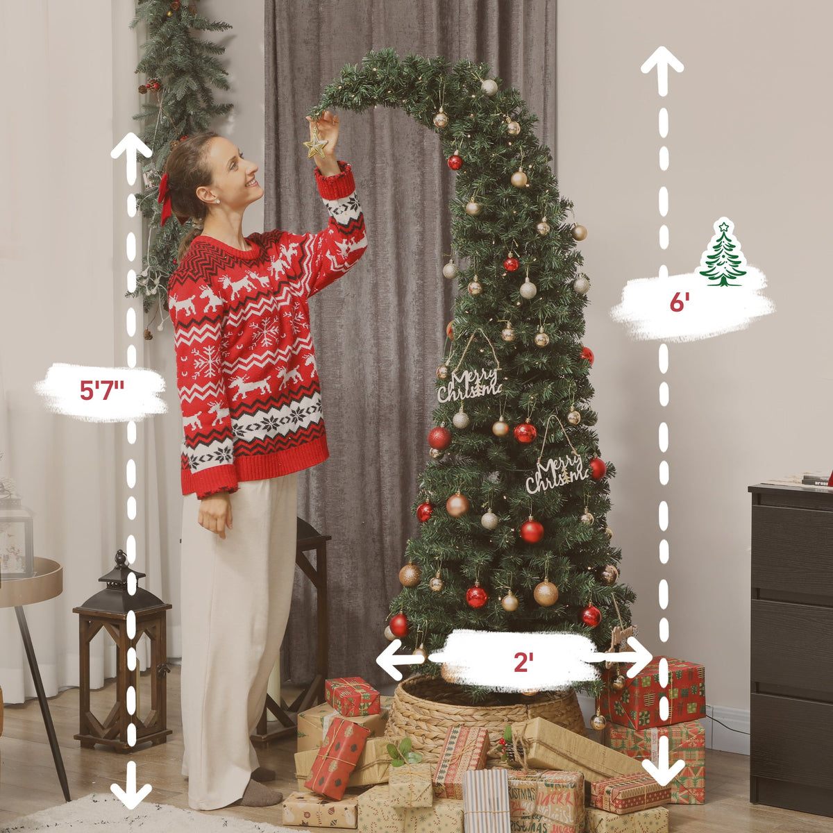 6 Ft Prelit Bent Top Christmas Tree with 200 LEDs - Slim, Whimsical Design