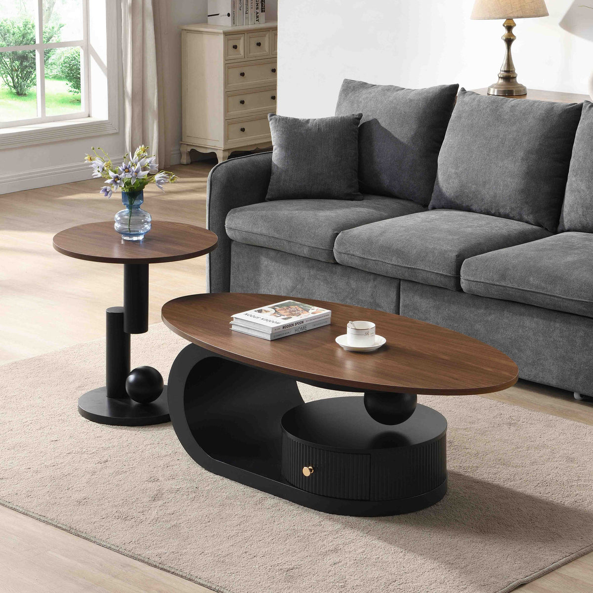 Luxury Nesting Coffee Table Set of 2,  Tables with Storage for Living Room, Oval and Round Table Set, Black Center Table, Cocktail Table, Side Table,  Large 47.24'', Small 19.69''