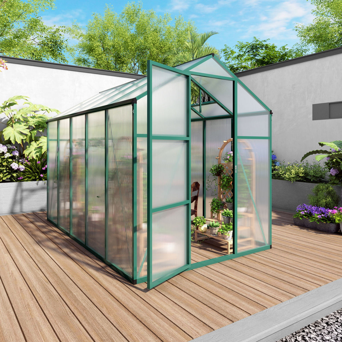 Walk-In Polycarbonate Greenhouse with Raised Base – Green