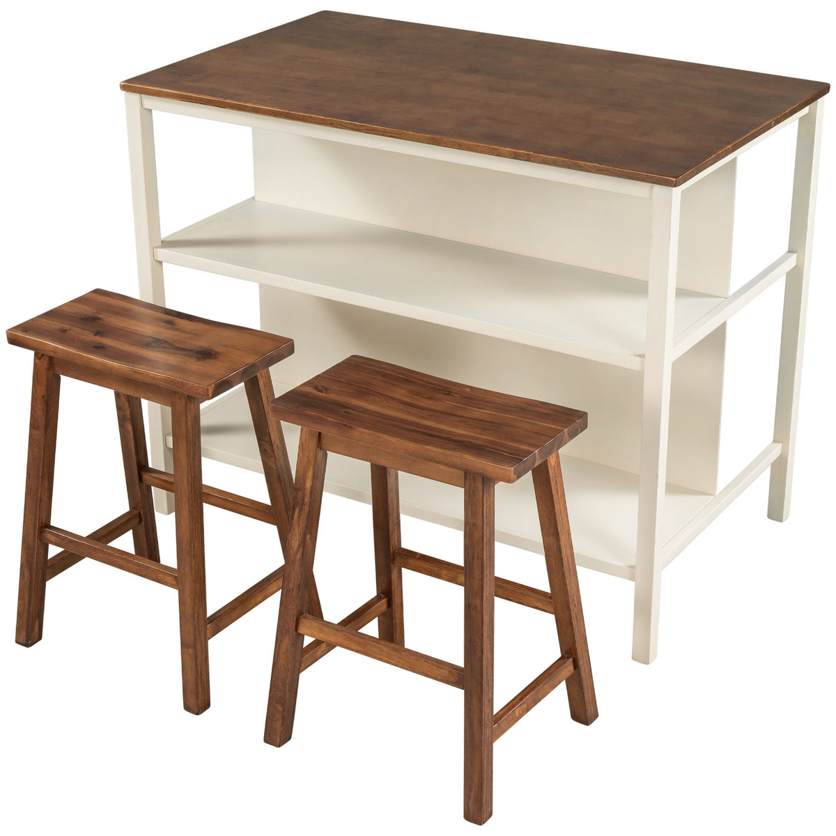 3-Piece Rustic Kitchen Island & Stool Set – Light Brown