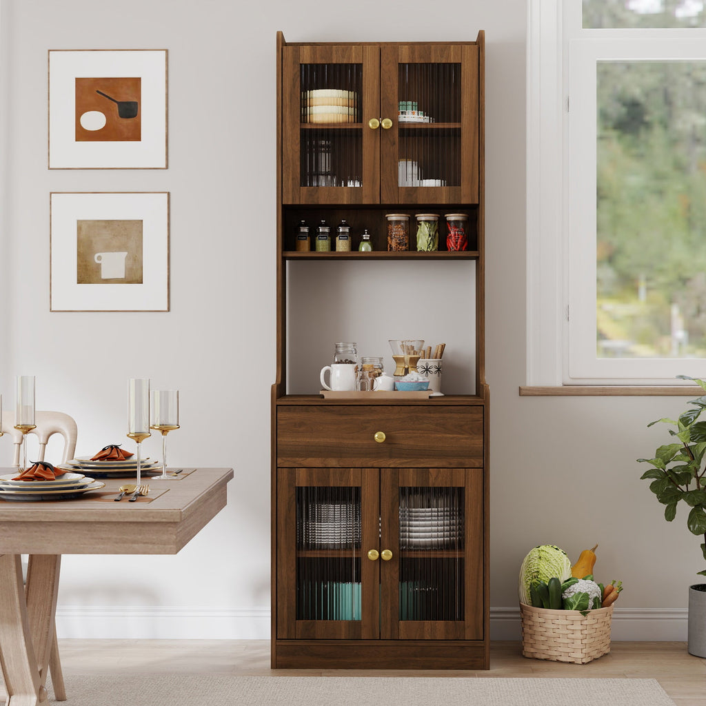Farmhouse Kitchen Pantry Hutch with Microwave Stand – White