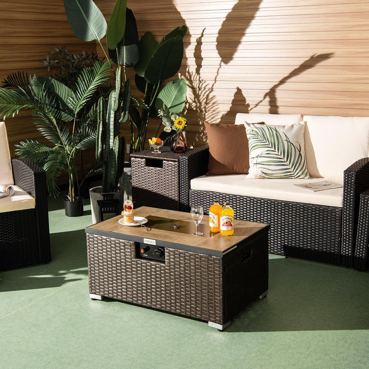 Propane Rattan Fire Pit Table Set with Side Table