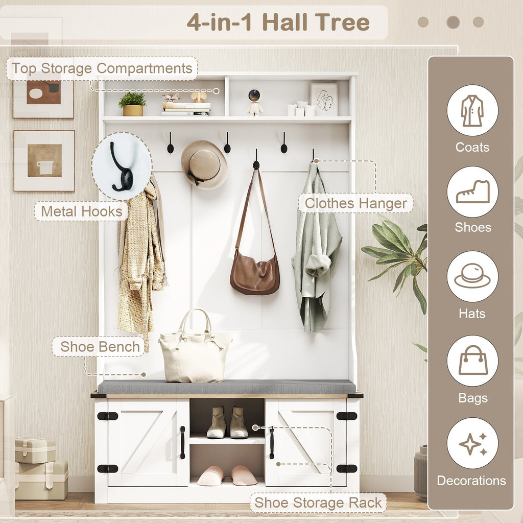 White 4-in-1 Hall Tree with Bench & Shoe Storage