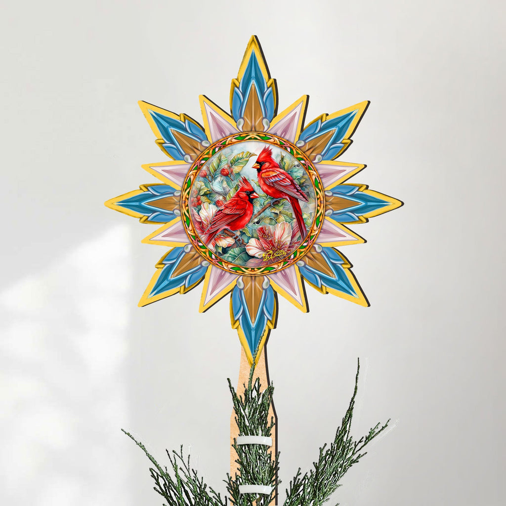 Christmas Cardinals Star Tree Topper Wooden Decor by G. Debrekht - Wildlife Holiday Decor - 89510