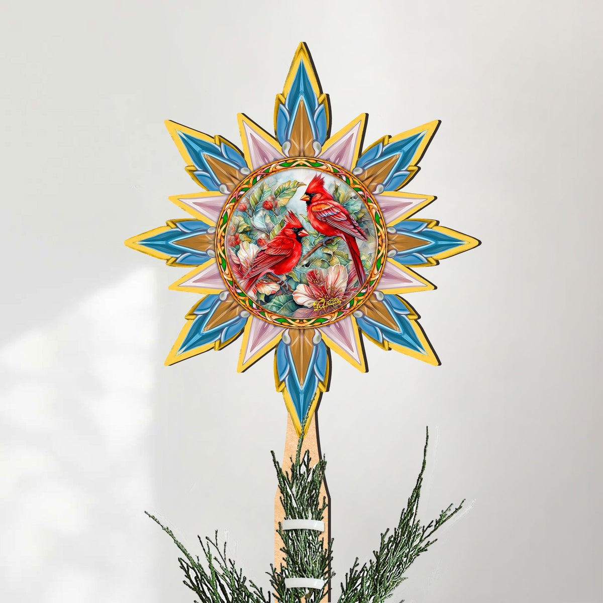 Christmas Cardinals Star Tree Topper Wooden Decor by G. Debrekht - Wildlife Holiday Decor - 89510