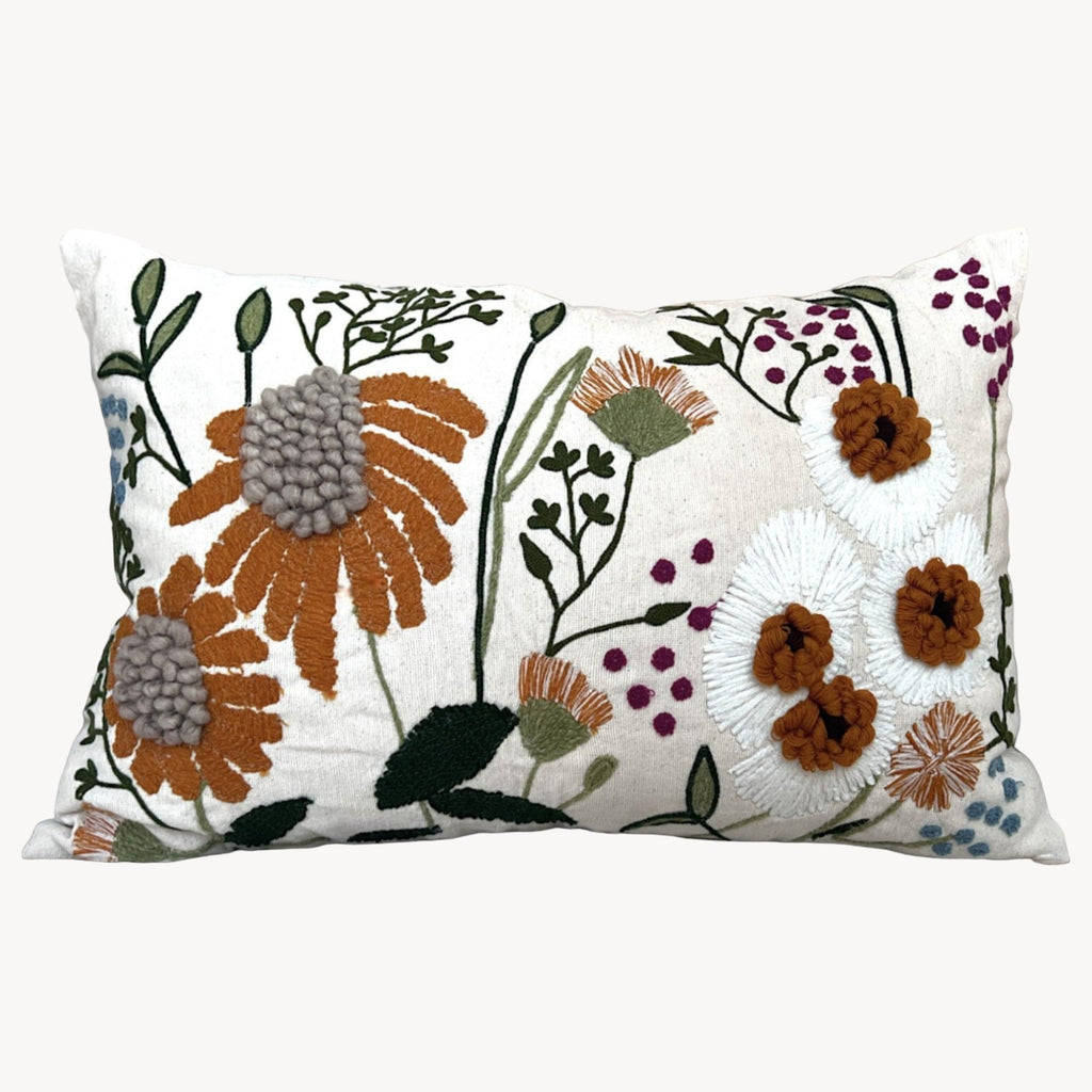 Embroidered Floral Lumbar Pillow Cover – 16" x 24"