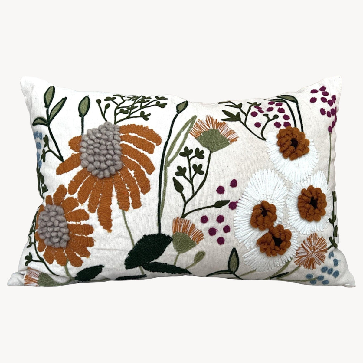 Embroidered Floral Lumbar Pillow Cover – 16" x 24"