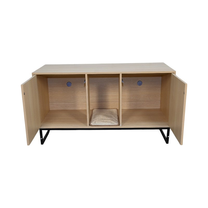 Modern Wooden Cat House with Scratching Mat - Light Wood & Black