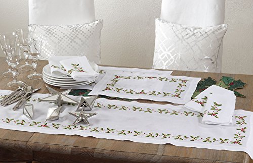 Fennco Styles Holiday Holly Embroidered Linen-Cotton Christmas Table Runner, 16"x72"