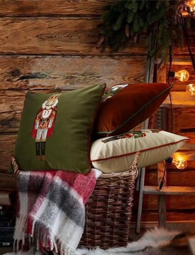 Fennco Styles Embroidered Sequin Nutcracker Velvet Filled Throw Pillow 18" W x 18" L - Green Festive Cushion for Home, Christmas, Winter Holidays Décor, and Special Occasions