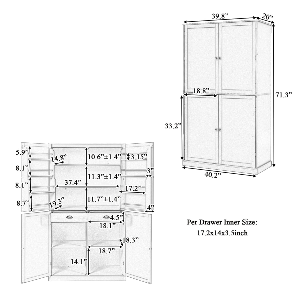 71-Inch Freestanding Kitchen Pantry Cabinet – Blue or Gray