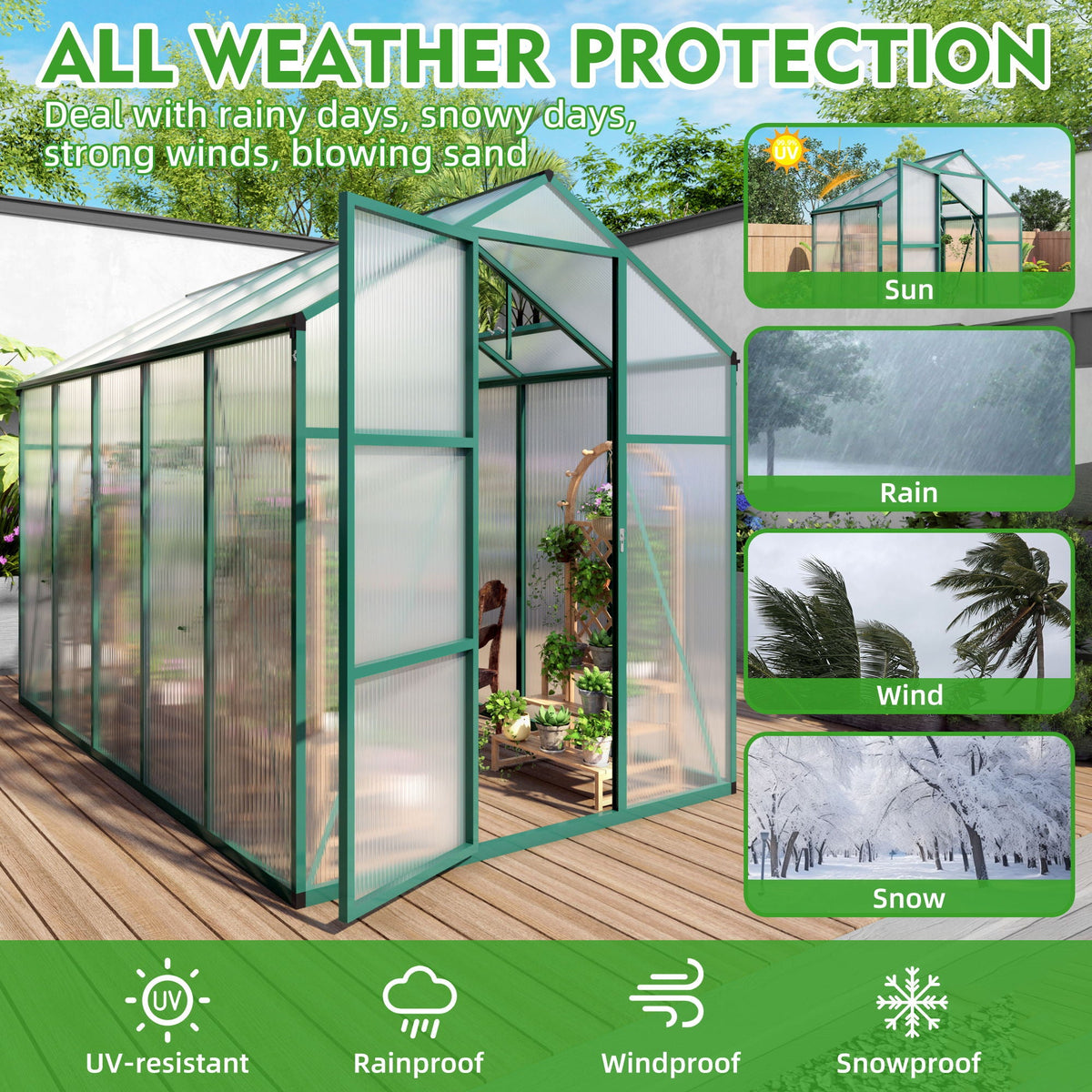 Walk-In Polycarbonate Greenhouse with Raised Base – Green