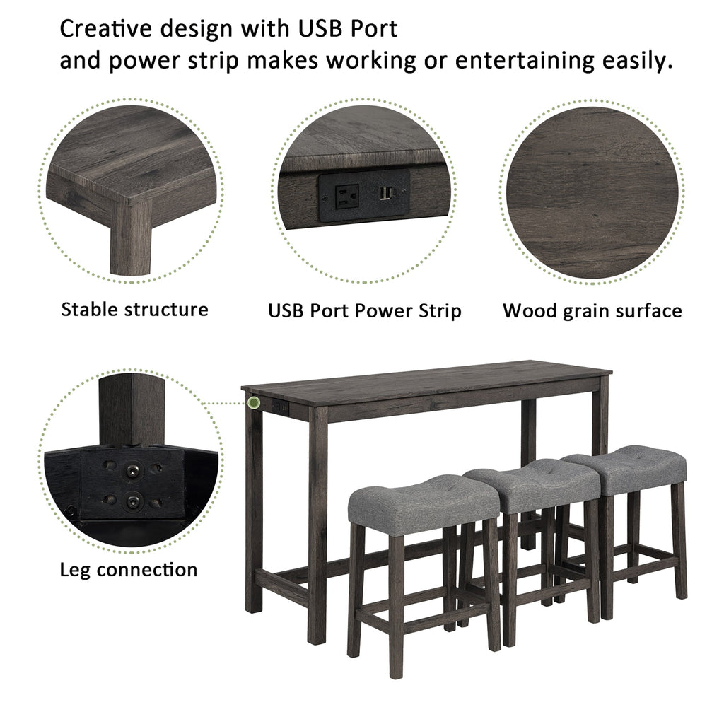 4-Piece Bar Table Set with Power Outlet & 3 Padded Stools – Dark Gray