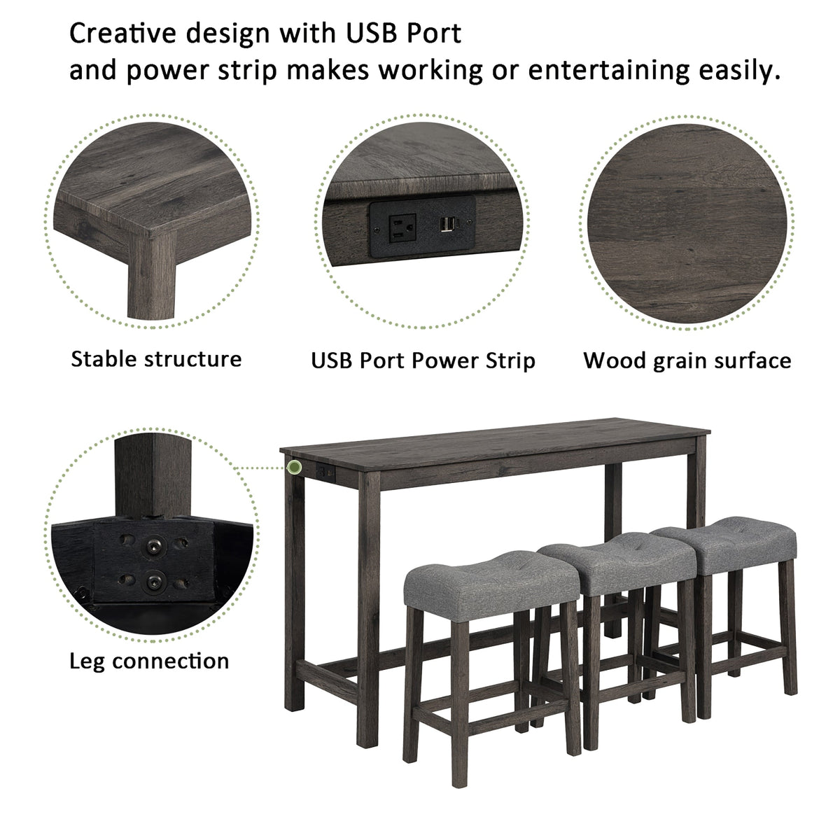 4-Piece Bar Table Set with Power Outlet & 3 Padded Stools – Dark Gray