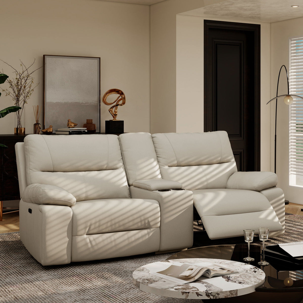 2-Seat Power Reclining Loveseat with Console & Cup Holders – Cream Taupe
