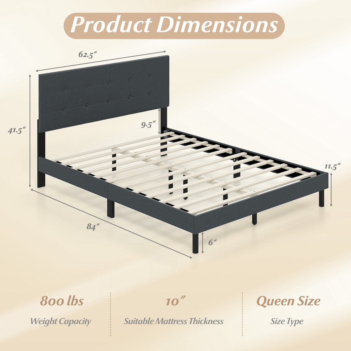 Queen Upholstered Linen Platform Bed – Dark Gray