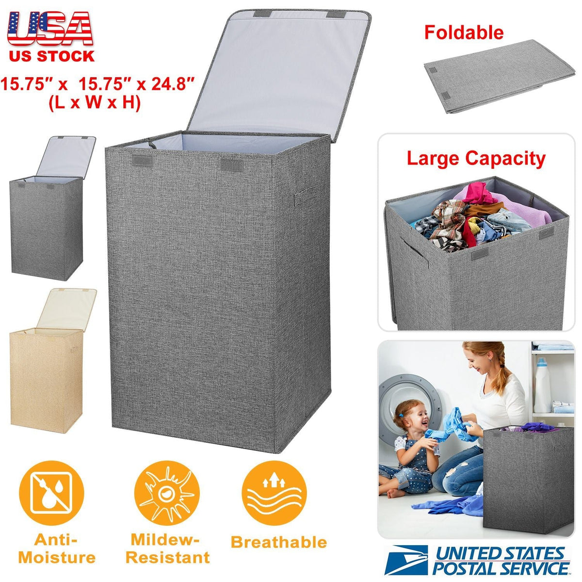 Foldable Laundry Hamper with Lid & Handles