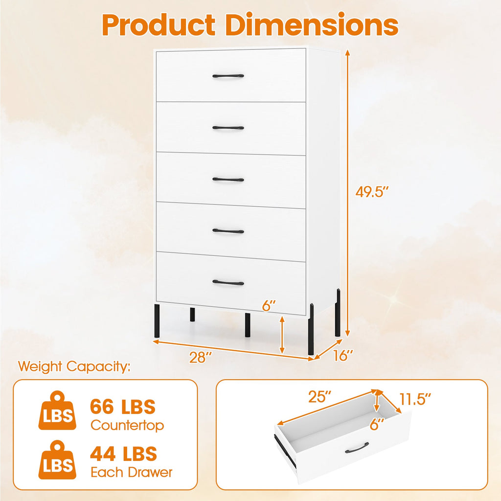 Modern 5-Drawer Tall Chest – White