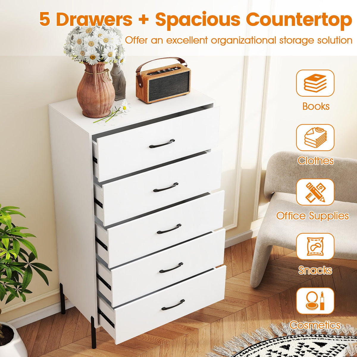 Modern 5-Drawer Tall Chest – White