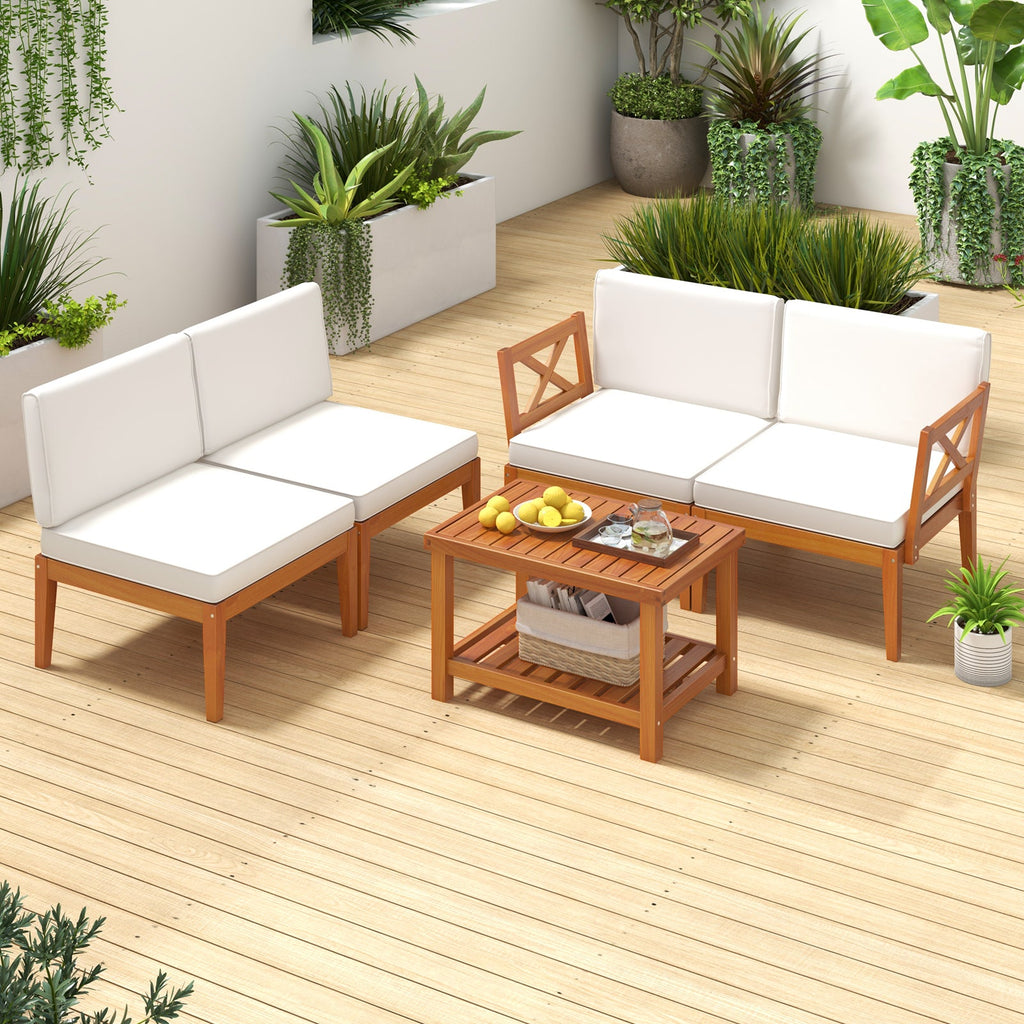 5-Piece Acacia Wood Patio Sectional Set – Off White