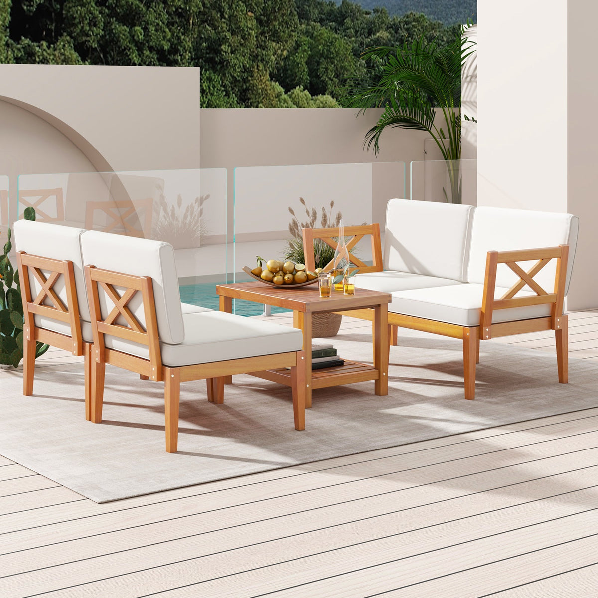 5-Piece Acacia Wood Patio Sectional Set – Off White