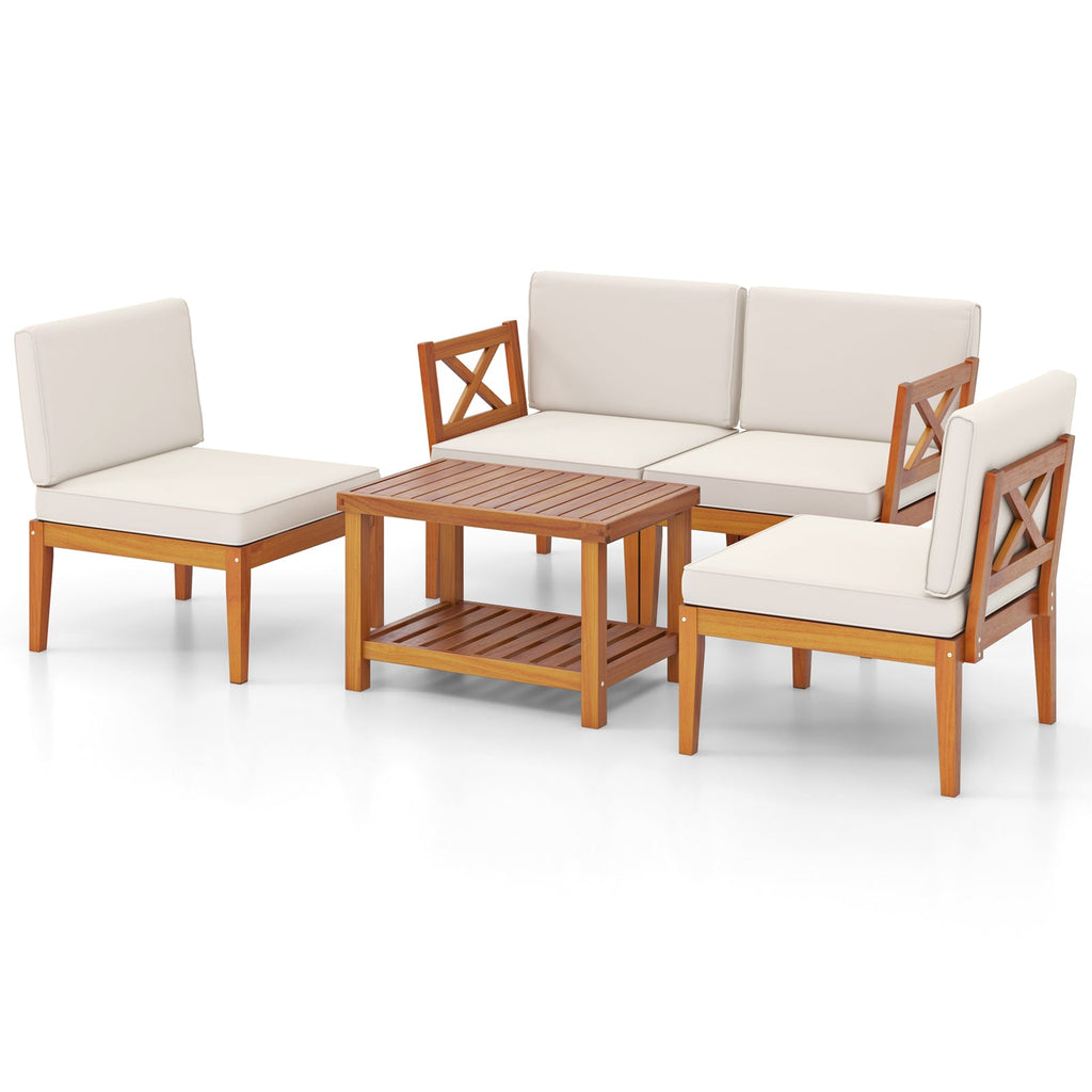 5-Piece Acacia Wood Patio Sectional Set – Off White