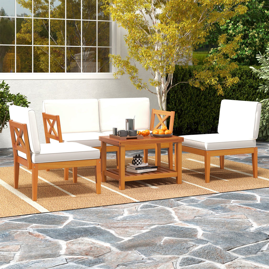 5-Piece Acacia Wood Patio Sectional Set – Off White