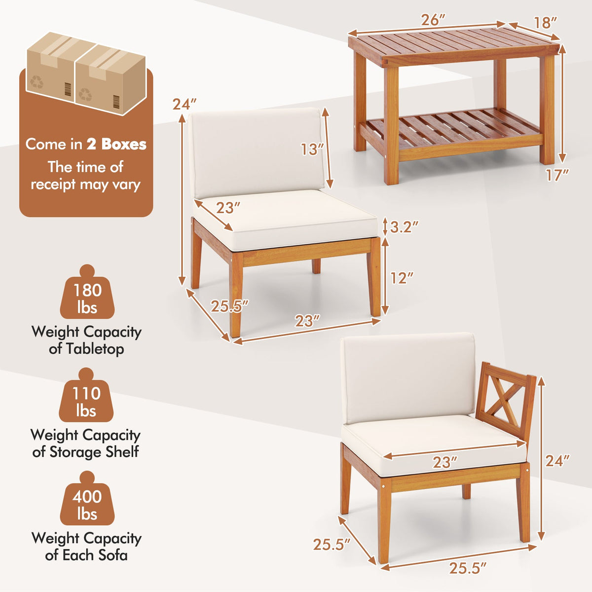5-Piece Acacia Wood Patio Sectional Set – Off White