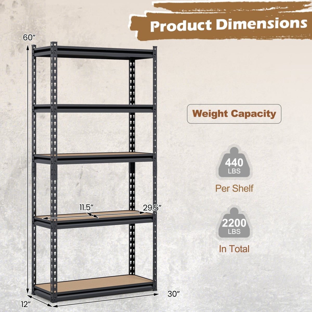 5-Tier Heavy-Duty Garage Shelving Unit – 2,200 lb Capacity