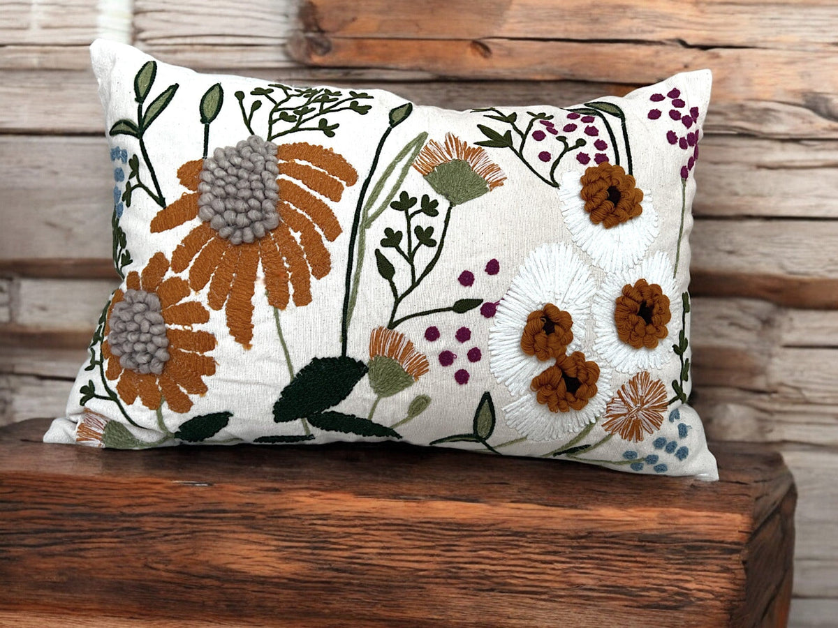 Embroidered Floral Lumbar Pillow Cover – 16" x 24"