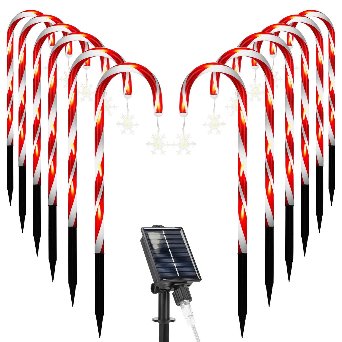 Solar Christmas Candy Cane Lights with 12 Candies 72LEDs Outdoor Christmas Decorations IP44 Waterproof Flickering Pathway Markers String Lights with 8