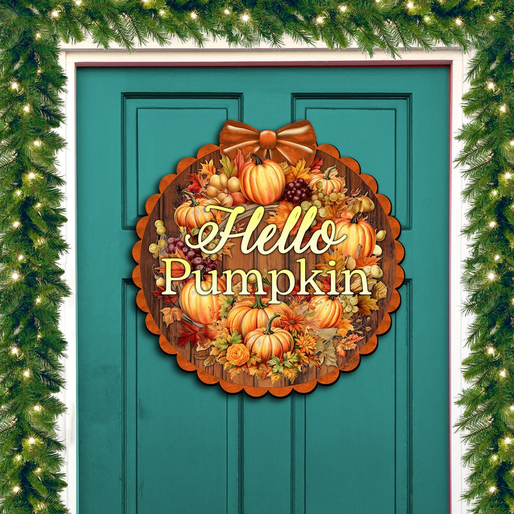 Hello Pumpkin Front Door Welcome Sign, Wooden Front Porch Decor by G. Debrekht Thanksgiving Halloween Decor - 933120H