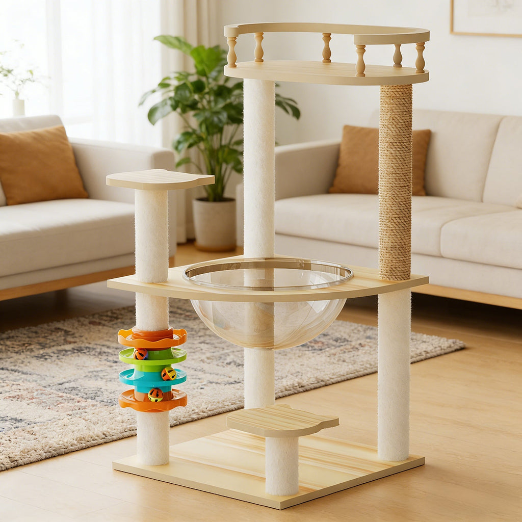 Modern Cat Tower with Scratching Posts and Acrylic Hammock - Natural+White