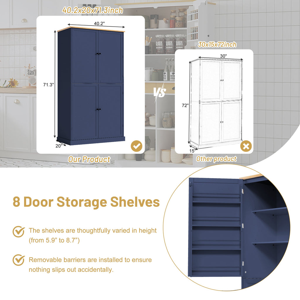71-Inch Freestanding Kitchen Pantry Cabinet – Blue or Gray