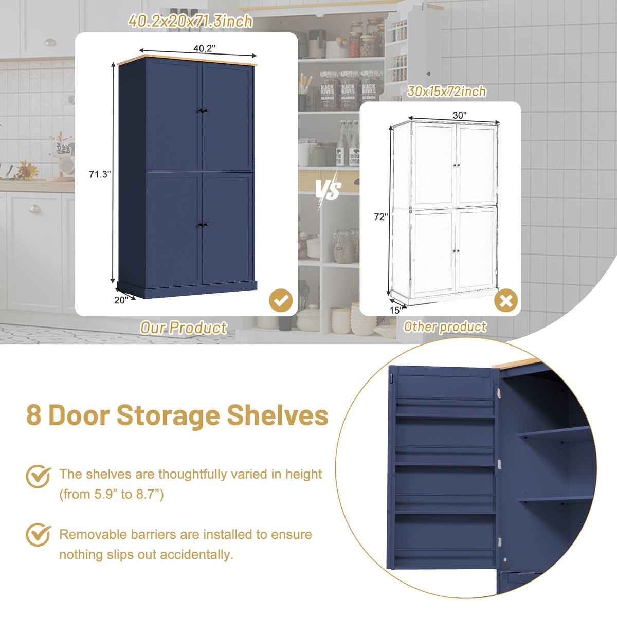 71-Inch Freestanding Kitchen Pantry Cabinet – Blue or Gray
