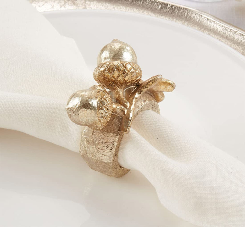 Fennco Styles Harvest Festive Acorn Napkin Rings, Set of 4 - Gold Resin Napkin Holders for Thanksgiving, Christmas, Home Décor, Dining Room, Banquets, Family Gatherings and Special Occasions