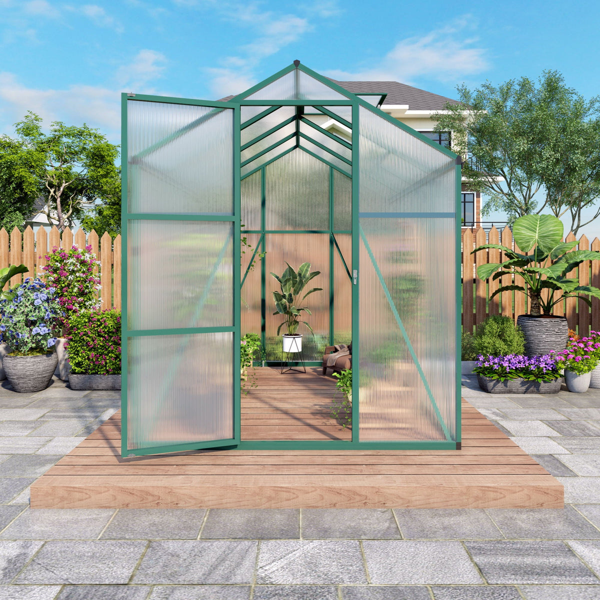 Walk-In Polycarbonate Greenhouse with Raised Base – Green